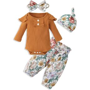 Newborn Baby Girls Clothes Ribbed Ruffled Romper+Floral Pants+Headband Infant Outfit Set Newborn 0-3 Months