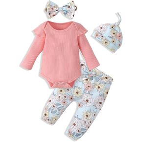 Newborn Baby Girls Clothes Ribbed Ruffled Romper+Floral Pants+Headband Infant Outfit Set Newborn 0-3 Months