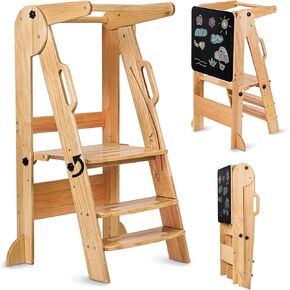 Foldable Toddler Tower, Montessori Toddler Step Stool with Chalkboard, Adjustable Height Toddler Kitchen Stool Helper, Suitable Age for 3-6 Years, Toddler Standing Tower