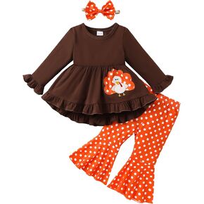 YOUNGER TREE Toddler Baby Girl Thanksgiving Holloween Outfits Turkey Pumpkin Long Sleeve Dress Top Pants Set Fall Outfits