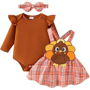Thanksgiving Baby Girl Outfits Infant Clothes Long Sleeve Ruffle Romper Turkey Suspender Skirt Headband 3Pcs Set