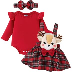Newborn Baby Girl Christmas Outfit Fall Winter Outfits Long Sleeve Romper Suspender Skirt Headband 3 Pcs 0-18 Months