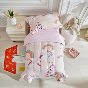 4 Pieces Toddler Bedding Set for Girls Light Pink Unicorn Toddler Bed Set - Soft Castle Rainbow Cute Princess Toddler Bed in a Bag - 1 Toddler Comforter Set 1 Fitted Sheet 1 Flat Sheet 1 Pillowcase