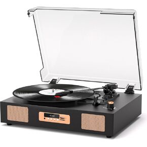 Vinyl Record Player Vintage Wireless Bluetooth Record Player with Enhanced Speakers, USB Recording, LP Player with 3-Speed Belt Drive Turntable Support RCA Line-Out AUX Input EQ,Black & Gold