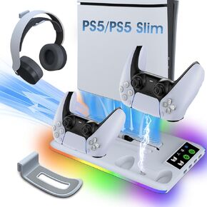 PS5/ PS5 Slim Stand for Disc & Digital Console, PS5 Cooling Charging Station with 3-Level Fan, PS5 Controller Charger for PS5 Edge Controller, PS5/Slim Accessories with 3 Charging Ports