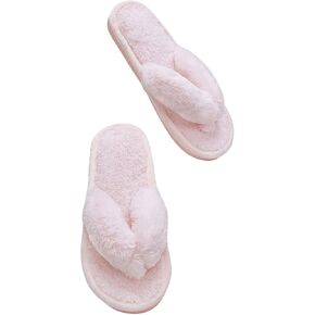 OYOANGLE Women's Fuzzy Flip Flops Slippers Comfortable Furry Thongs House Home Slip on Slides Slippers
