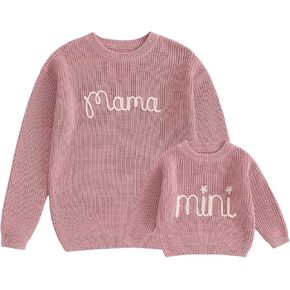Mommy and Me Family Matching Sweaters Letter Embroidery Long Sleeve Round Neck Knitwear Fall Winter Warm Tops