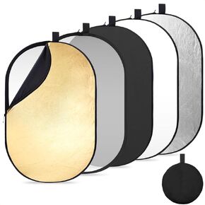 K&F Concept 24" x36"(60x90cm) 5-in-1 Oval Foldable Reflector with Carrying Bag, Gold, Silver, Black, White Reflective Fabric and Translucent Soft Fabric for Studio Lighting