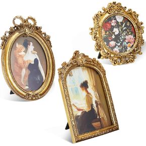 Thyle 3 Pcs Small Vintage Picture Frames Victorian Decor Gold Vintage Frame Wall Hanging Antique Photo Frames Tabletop Ornate Gold Frames for Gallery Victorian Art Wall Decor, 3 Styles