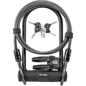 Via Velo Bike U Lock and Cable | Pro U Lock 20CrMnTi Steel Anti-Theft Lock with Bracket and 1.2m Cable and Sold Secure Gold Approval for Road, Mountain, Electric, Folding Bikes and Electric Scooters