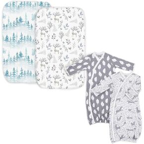 Cambria Baby Bundle of 2 Organic Cotton Bedside Sleeper Sheets and 2 Kimono Gowns Size 0-6 Mo in Gender Neutral Nature Patterns. an Ideal Newborn Gift for Newborn Boy or Girl