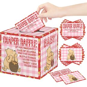 1Pcs the Pooh Diaper Raffle Box with 50Pcs Diaper Raffle Cards, Winnie Diaper Raffle Box Set for Baby Shower, Baby in Bloom Baby Shower Activities Supplies, Gender Reveal Party Games