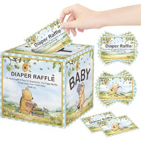1Pcs the Pooh Diaper Raffle Box with 50Pcs Diaper Raffle Cards, Winnie Diaper Raffle Box Set for Baby Shower, Baby in Bloom Baby Shower Activities Supplies, Gender Reveal Party Games