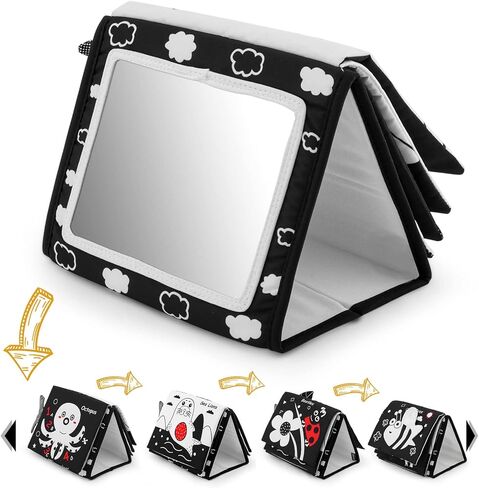 مرآة نوفيمل مي للأطفال من عمر 0 ​​إلى 6 أشهر، ألعاب مرآة أرضية للأطفال مع كتاب من القماش المجعد، ألعاب أطفال عالية التباين باللونين الأبيض والأسود، سجادة نشاط الزحف لألعاب مونتيسوري مزدوجة قابلة للطي (أسود) in Kuwait