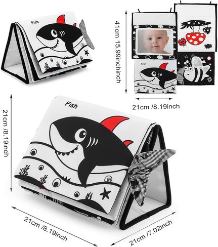 مرآة نوفيمل مي للأطفال من عمر 0 ​​إلى 6 أشهر، ألعاب مرآة أرضية للأطفال مع كتاب من القماش المجعد، ألعاب أطفال عالية التباين باللونين الأبيض والأسود، سجادة نشاط الزحف لألعاب مونتيسوري مزدوجة قابلة للطي (أسود) in Kuwait