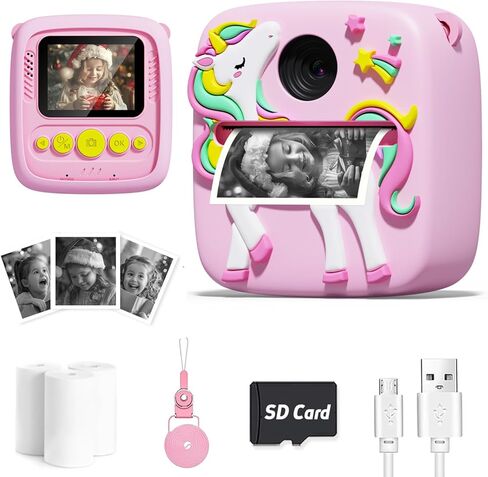 Instant Print Camera for Kids, 1080P Kids Digital Camera Toys with Dinosaur Cover, 48MP Toddler Camera, Best Gifts for 3 4 5 6 7 8 9 10 Year Old Girls Boys in Kuwait