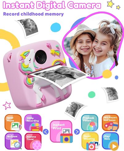Instant Print Camera for Kids, 1080P Kids Digital Camera Toys with Dinosaur Cover, 48MP Toddler Camera, Best Gifts for 3 4 5 6 7 8 9 10 Year Old Girls Boys in Kuwait
