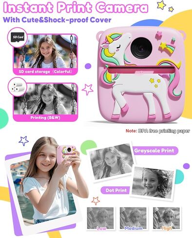 Instant Print Camera for Kids, 1080P Kids Digital Camera Toys with Dinosaur Cover, 48MP Toddler Camera, Best Gifts for 3 4 5 6 7 8 9 10 Year Old Girls Boys in Kuwait