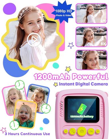 Instant Print Camera for Kids, 1080P Kids Digital Camera Toys with Dinosaur Cover, 48MP Toddler Camera, Best Gifts for 3 4 5 6 7 8 9 10 Year Old Girls Boys in Kuwait
