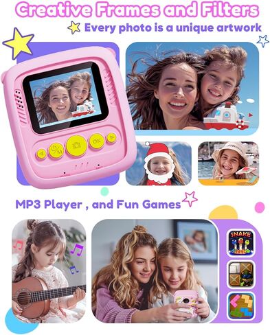 Instant Print Camera for Kids, 1080P Kids Digital Camera Toys with Dinosaur Cover, 48MP Toddler Camera, Best Gifts for 3 4 5 6 7 8 9 10 Year Old Girls Boys in Kuwait