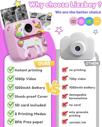 Instant Print Camera for Kids, 1080P Kids Digital Camera Toys with Dinosaur Cover, 48MP Toddler Camera, Best Gifts for 3 4 5 6 7 8 9 10 Year Old Girls Boys in Kuwait