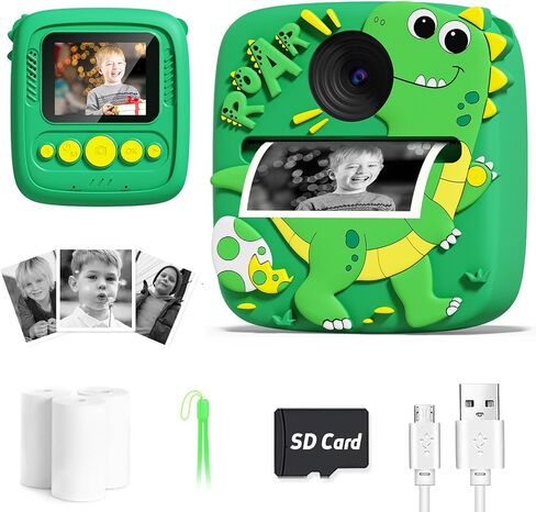 Instant Print Camera for Kids, 1080P Kids Digital Camera Toys with Dinosaur Cover, 48MP Toddler Camera, Best Gifts for 3 4 5 6 7 8 9 10 Year Old Girls Boys in Saudi Arabia