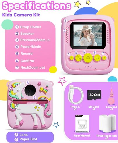 Instant Print Camera for Kids, 1080P Kids Digital Camera Toys with Dinosaur Cover, 48MP Toddler Camera, Best Gifts for 3 4 5 6 7 8 9 10 Year Old Girls Boys in Kuwait