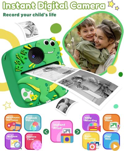 Instant Print Camera for Kids, 1080P Kids Digital Camera Toys with Dinosaur Cover, 48MP Toddler Camera, Best Gifts for 3 4 5 6 7 8 9 10 Year Old Girls Boys in Saudi Arabia