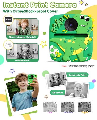 Instant Print Camera for Kids, 1080P Kids Digital Camera Toys with Dinosaur Cover, 48MP Toddler Camera, Best Gifts for 3 4 5 6 7 8 9 10 Year Old Girls Boys in Saudi Arabia