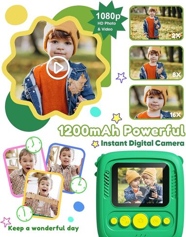 Instant Print Camera for Kids, 1080P Kids Digital Camera Toys with Dinosaur Cover, 48MP Toddler Camera, Best Gifts for 3 4 5 6 7 8 9 10 Year Old Girls Boys in Saudi Arabia