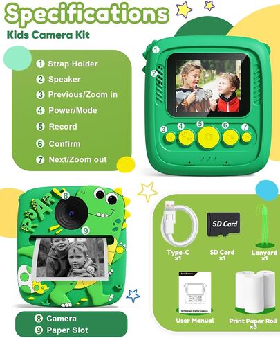 Instant Print Camera for Kids, 1080P Kids Digital Camera Toys with Dinosaur Cover, 48MP Toddler Camera, Best Gifts for 3 4 5 6 7 8 9 10 Year Old Girls Boys in Saudi Arabia