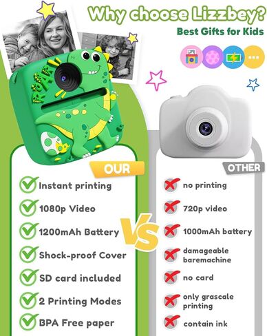 Instant Print Camera for Kids, 1080P Kids Digital Camera Toys with Dinosaur Cover, 48MP Toddler Camera, Best Gifts for 3 4 5 6 7 8 9 10 Year Old Girls Boys in Saudi Arabia