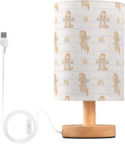 Table Lamp Watercolor Baby Dragon Rainbow Striped Pattern Nightstand Lamp with Wood Base Fabric Lamp Shade Bedside Desk Lamp for Living Room Bedroom Kids Room Office in Saudi Arabia