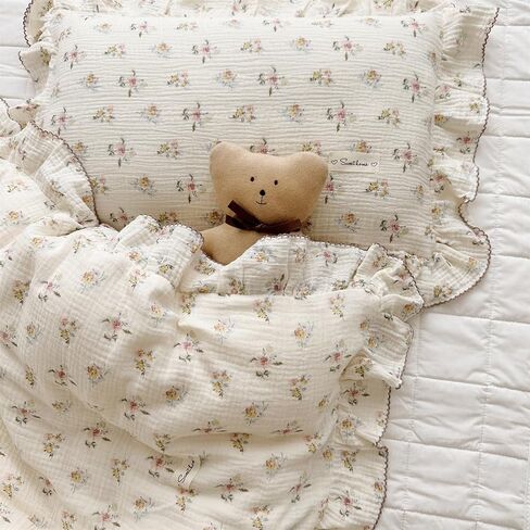 AOJIM Muslin Cotton Kids Pillowcase with Cute Cat Patterns, Super Soft Crib Nursery Pillowcase 1PC for Boys Girls, Ruffled Edges Toddler Bedding for Room Decor, Machine Washable, 14x20 Inches in Saudi Arabia