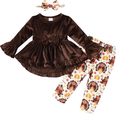 YOUNGER TREE Toddler Baby Girl Thanksgiving Holloween Outfits Turkey Pumpkin Long Sleeve Dress Top Pants Set Fall Outfits in Saudi Arabia