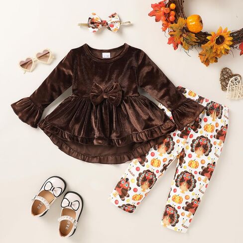 YOUNGER TREE Toddler Baby Girl Thanksgiving Holloween Outfits Turkey Pumpkin Long Sleeve Dress Top Pants Set Fall Outfits in Saudi Arabia
