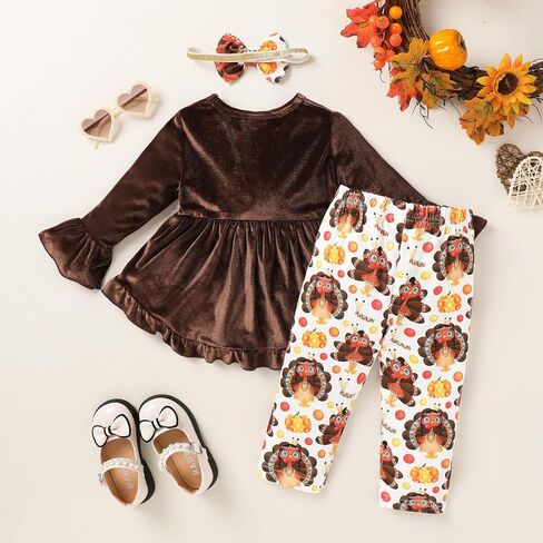 YOUNGER TREE Toddler Baby Girl Thanksgiving Holloween Outfits Turkey Pumpkin Long Sleeve Dress Top Pants Set Fall Outfits in Saudi Arabia