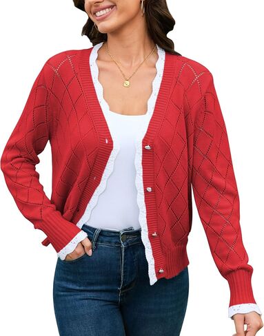 V FOR CITY سترة كروشيه للنساء سترة مقصوصة كم صدفي رقبة على شكل حرف V تجاهلات زر اللؤلؤ المشذب متماسكة الخريف محكم in Kuwait