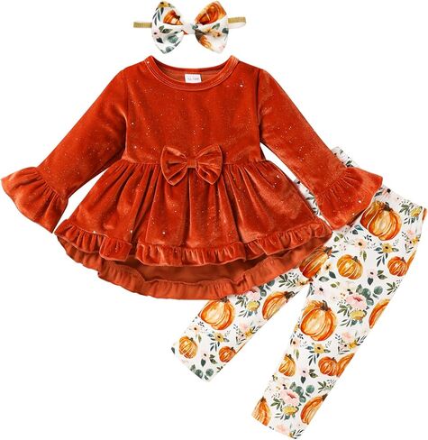YOUNGER TREE Toddler Baby Girl Thanksgiving Holloween Outfits Turkey Pumpkin Long Sleeve Dress Top Pants Set Fall Outfits in Kuwait