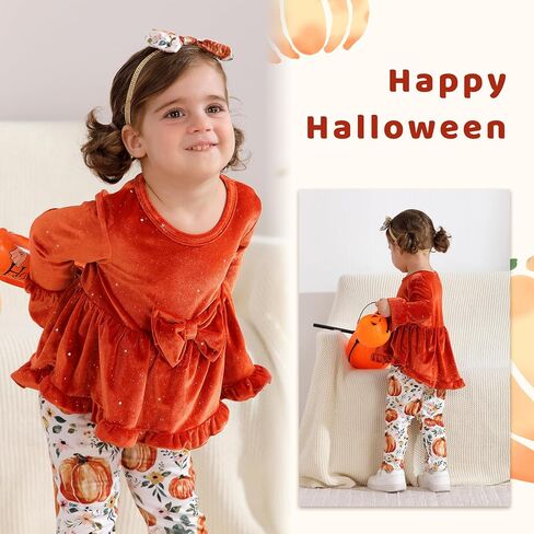 YOUNGER TREE Toddler Baby Girl Thanksgiving Holloween Outfits Turkey Pumpkin Long Sleeve Dress Top Pants Set Fall Outfits in Kuwait