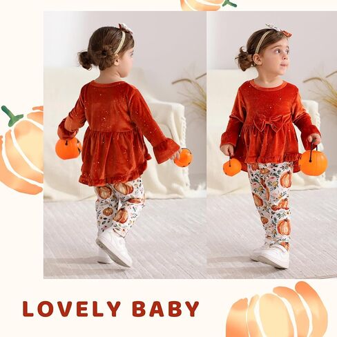 YOUNGER TREE Toddler Baby Girl Thanksgiving Holloween Outfits Turkey Pumpkin Long Sleeve Dress Top Pants Set Fall Outfits in Kuwait