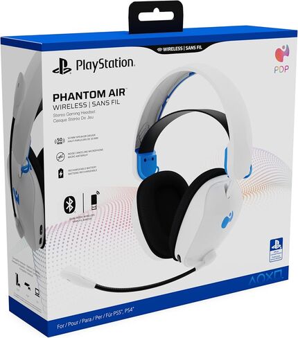 PDP Phantom Air Dual-Mode Wireless Gaming Headset for PlayStation: PS5, PS4, PC, Bluetooth Compatible, Rechargeable 35-Hour Battery, 50mm Drivers, On-ear Headphone Controls, Officially Licensed, White in Kuwait