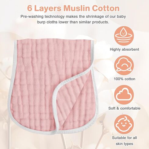 MUKIN Baby Muslin Burp Cloth Set of 6, Ultra Soft Absorbent Thick Cotton Burping Cloths for Unisex Newborn Babies, 20'' by 10'' Neutral Milk Spit Up Rags Boys Girls - Baby Must Haves. (Gradient Pink) in Saudi Arabia