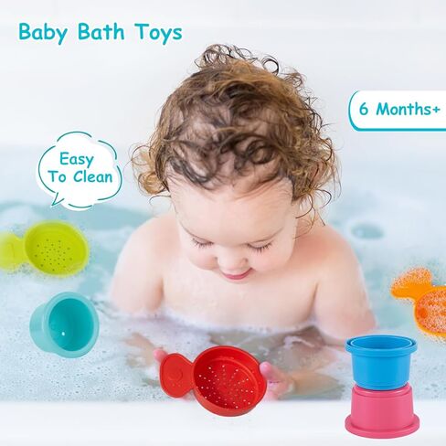 Baby Bath Toys for Kids Ages 1-3 14 PCS Mold Free Toddler Bath Toys for 2-4 Bathtub Water Toys Rainbow Stacking Cups for Babies 6-12 Months Early Learning Educational Gifts in Kuwait
