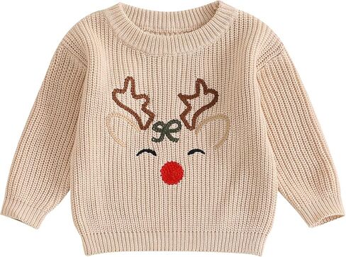 Toddler Boy Girl Christmas Sweater Reindeer Embroidery Long Sleeve Knit Sweater Pullover Tops Fall Winter Clothes in Kuwait