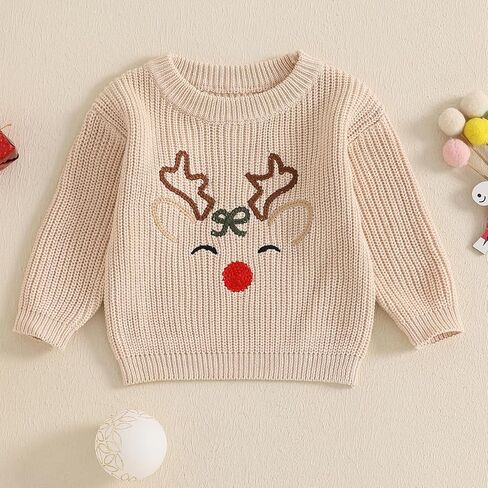 Toddler Boy Girl Christmas Sweater Reindeer Embroidery Long Sleeve Knit Sweater Pullover Tops Fall Winter Clothes in Kuwait