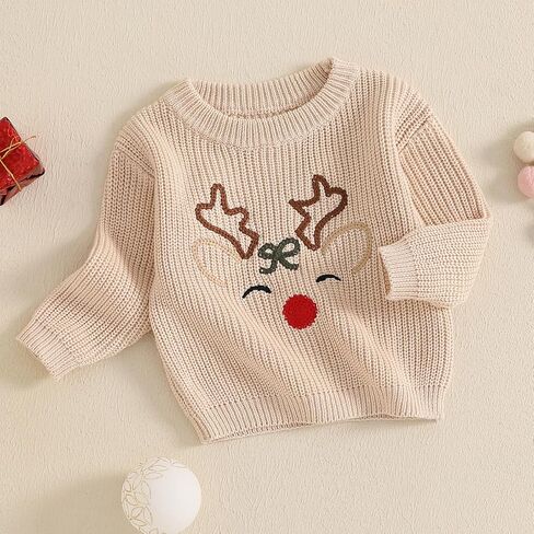 Toddler Boy Girl Christmas Sweater Reindeer Embroidery Long Sleeve Knit Sweater Pullover Tops Fall Winter Clothes in Kuwait