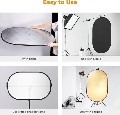 مفهوم K&F مقاس 24 بوصة × 36 بوصة (60 × 90 سم) عاكس بيضاوي قابل للطي 5 في 1 مع حقيبة حمل، قماش عاكس ذهبي وفضي وأسود وأبيض ونسيج ناعم شفاف لإضاءة الاستوديو in Kuwait