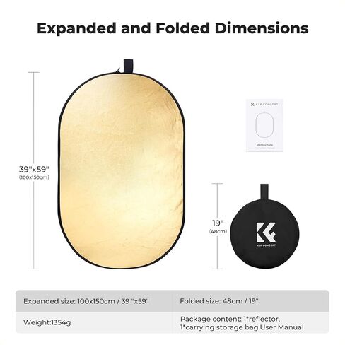 مفهوم K&F مقاس 24 بوصة × 36 بوصة (60 × 90 سم) عاكس بيضاوي قابل للطي 5 في 1 مع حقيبة حمل، قماش عاكس ذهبي وفضي وأسود وأبيض ونسيج ناعم شفاف لإضاءة الاستوديو in Kuwait