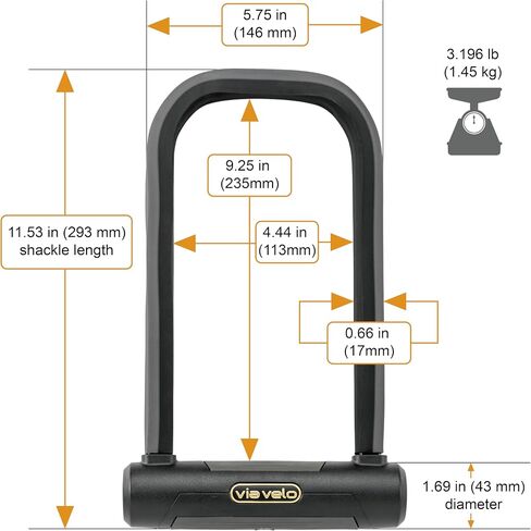 Via Velo Bike U Lock and Cable | Pro U Lock 20CrMnTi Steel Anti-Theft Lock with Bracket and 1.2m Cable and Sold Secure Gold Approval for Road, Mountain, Electric, Folding Bikes and Electric Scooters in Saudi Arabia